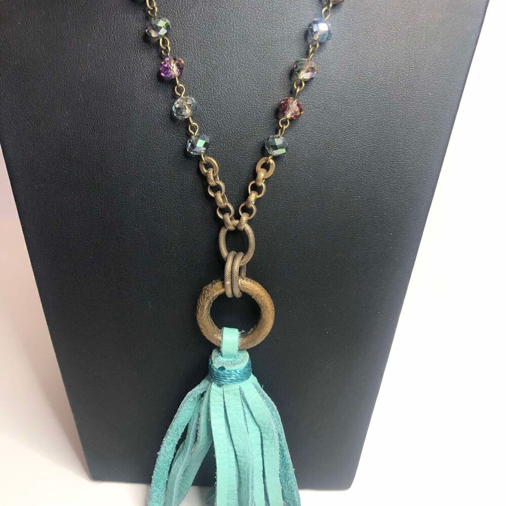 839 antiqued brass AB aurora Aurora Borealis leather tassle statement Necklace